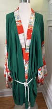 Handmade Kimono Style Robe Green w/ Japanese Print Trim Cranes Floral 44  Boho