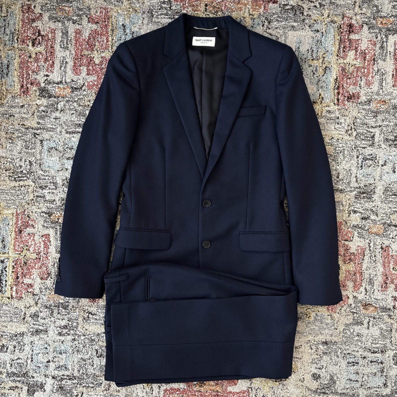 Tuta Yves Saint Laurent Paris Hedi epoca AW13 2 pezzi lana flanella blu navy SLP YSL 44