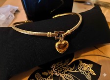 Bracciale Donna Acciaio Oro Rigido Cuore Pendente Cavo Intrecciato Regalo Elegan