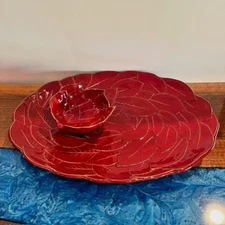 Italy Vietri Foglia Leonardo Majolica Red Leaves Oval Platter Tray with Dip Bowl