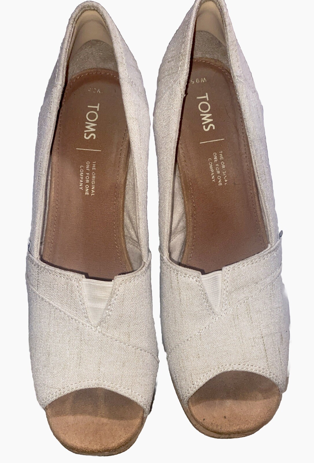 TOMS Women's Wedge Peep Toe Heels Cream Linen Slip-On Sandals Size - Main Image