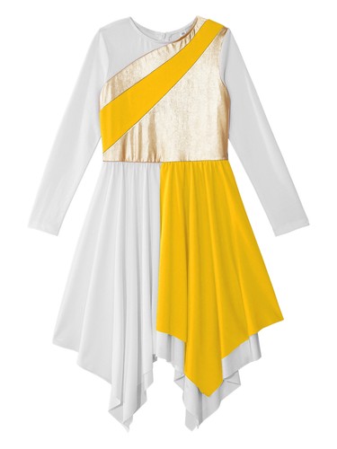 Kids Girls Dance Dress Contrast Performance Dress Long Sleeve Metallic Praise - Picture 53 of 64