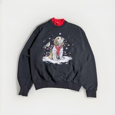 Vintage Grannycore Sweatshirt Puppy Sitining in Snow CUTE  Size Medium Womens