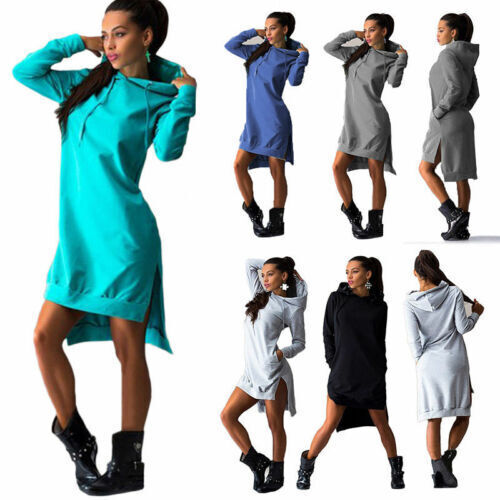 loose long sleeve plain high low asymmetrical hooded dress