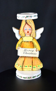 VTG Hand Painted Wood Merry Christmas Angel Folk Art Candle Holder 1979 Signed