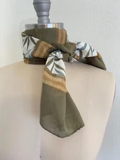 Liz Claiborne Silk Blend Scarf Bamboo Leaves Green Tan Blue 9.5x53"