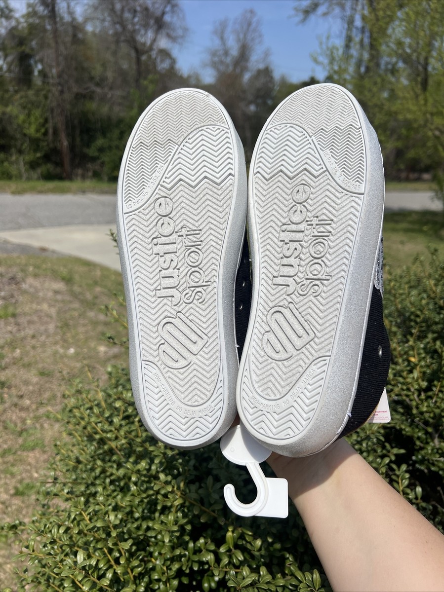 NEW Justice Silver & Black Low Court Fashion Sneakers Girls Size 6