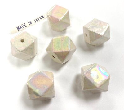 6 VINTAGE JAPANESE PORCELAIN WHITE AB HEXAGON 21mm. BEADS 6493