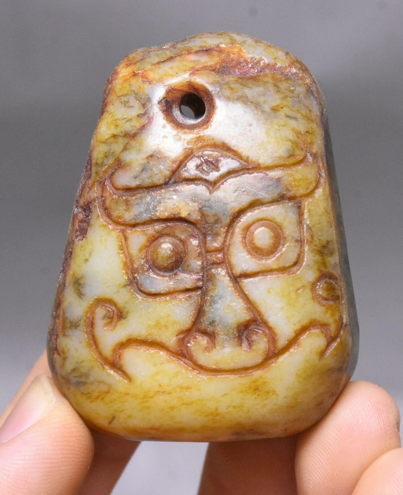 5CM Hongshan Culture Ancient Jade Carved Ox Beast Face Amulet Pendant