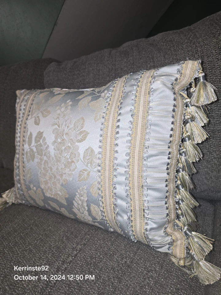 Croscill Boudoir Blue Gold 18 x 13 Decor Throw Pillow Tassels - Image 2 of 4