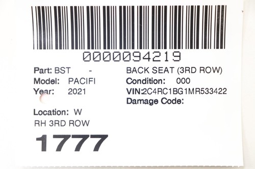 2017-2021 CHRYSLER PACIFICA REAR 3RD ROW RIGHT SEAT CUSHION COVER OEM BLACK_ELX7 - Picture 13 of 13