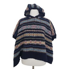Polo Ralph Lauren Fair Isle Hooded Poncho Womens Size S/M Blue Wool Blend Cape