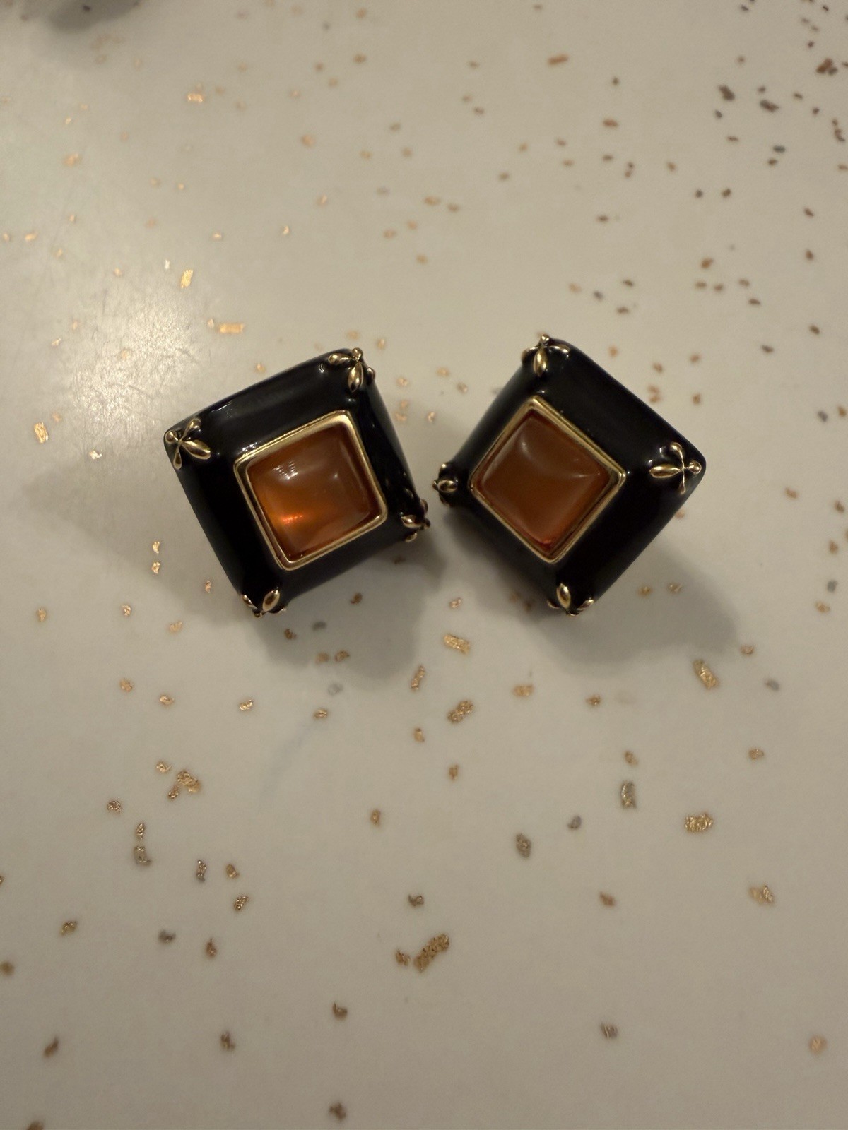 Vintage Joan Rivers Black Diamond Shape Stud Earrings with Amber/Topaz Centers