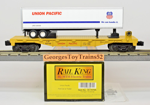 MTH RAILKING 3 RIELES O #54730 UP UNION PACIFIC VAGÓN PLANO CON REMOLQUE 30-7078A NUEVO EN CAJA | Condition: New