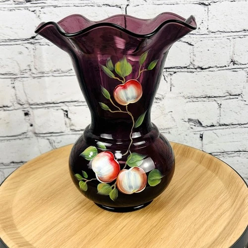 Fenton Apples On Aubergine Purple 100 Anniversary Vase Hand Painted A. Deem +Box