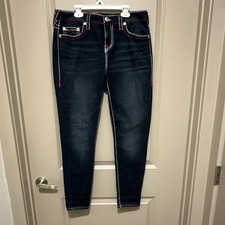 True Religion Halle Mid Rise Super Skinny Jeans Dark Blue Stretch Logo