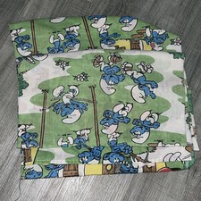 Vintage 1980s Smurfs Cartoon Mushroom Twin Flat Sheet Bedding Fabric Lawtex