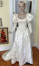 Vtg 80s Jessica McClintock Bridal Wedding Satin Dress Sz 9/10 Beaded Lace Puff