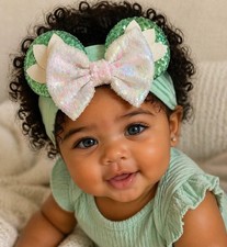 Baby Mint Green Sequin Minnie Ears Headband Disney Inspired Infant Toddler Bow