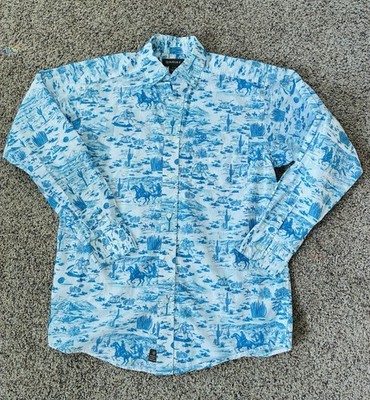 Ariat Men's Marcus Classic Western Roping Horses Blue & White L/S Shirt SZ P/S