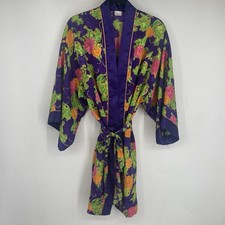 Vintage 90s Delicates Small Purple Satin Floral Robe Kimono Romantic Lingerie