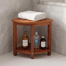 Teak Corner Shower Stool with Storage Shelf, 11 x 11 x 17 Inches Dimensions