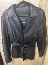 Mens USA Black Leather Jacket Size Large 100 Leather Belted Pockets Mid Length