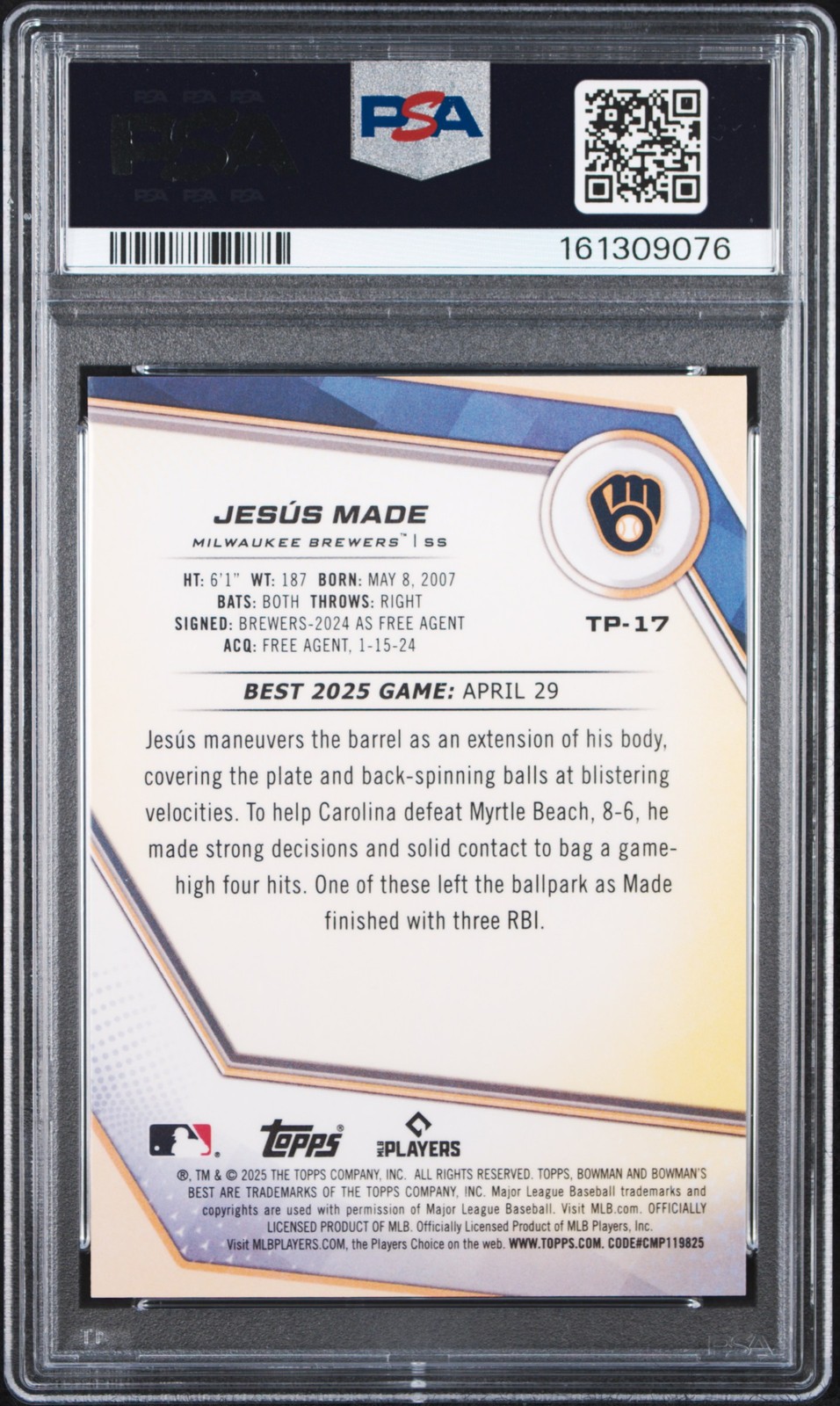 2025 BOWMAN'S BEST TOP PROSPECTS ORANGE REFRACTOR #TP-17 JESUS MADE 20/25 PSA 9 view 2
