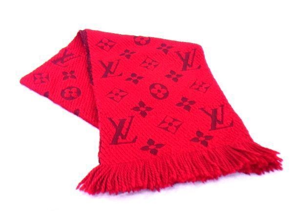 LOUIS VUITTON Logomania Wool Silk Fringe Thermal Scarf Stole in Red