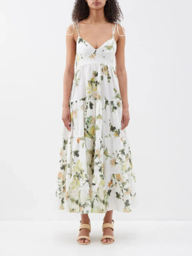 NWT ERDEM Floral Print Tie Strap Linen Maxi Dress WHITE SIZE 12/ 100%AUTHENTIC