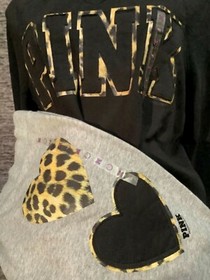 Victoria's Secret Pink Leopard Pullover + Pants Set Black Gray Applique M NWT