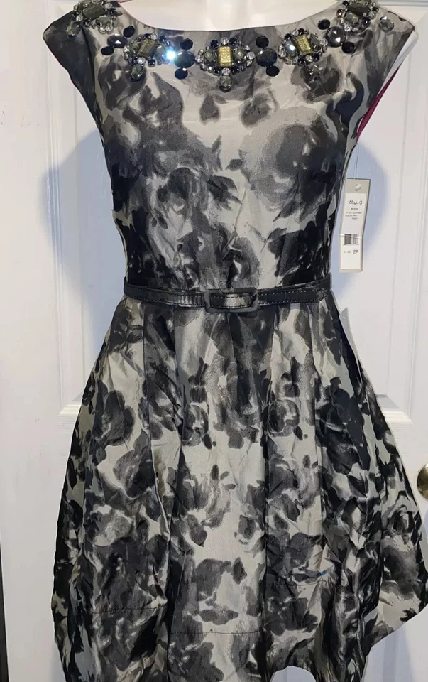 Новый с Ярлыками Eliza J серый роза печать платье Sz 2P EJEP5063 украшенный шеи линия - Изображение 3 из 4