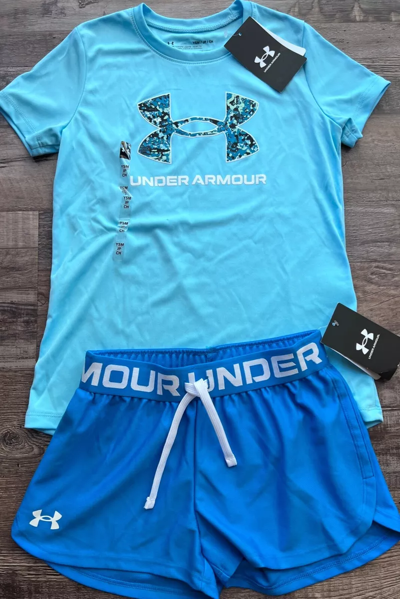 NWT Under Armour YXL Girls Light Blue Royal Blue Graphic Print Logo Shorts Set