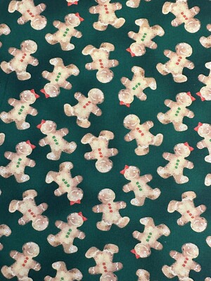 CHRISTMAS SUGAR & SPICE GINGERBREAD FAMILY ON GREEN BENARTEX COOKIES FABRIC HY