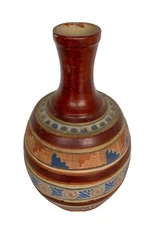 Vtg Pottery Water Bottle/Vase with Aztec Design Tlaquepaque/Tonala, Mexico 12"