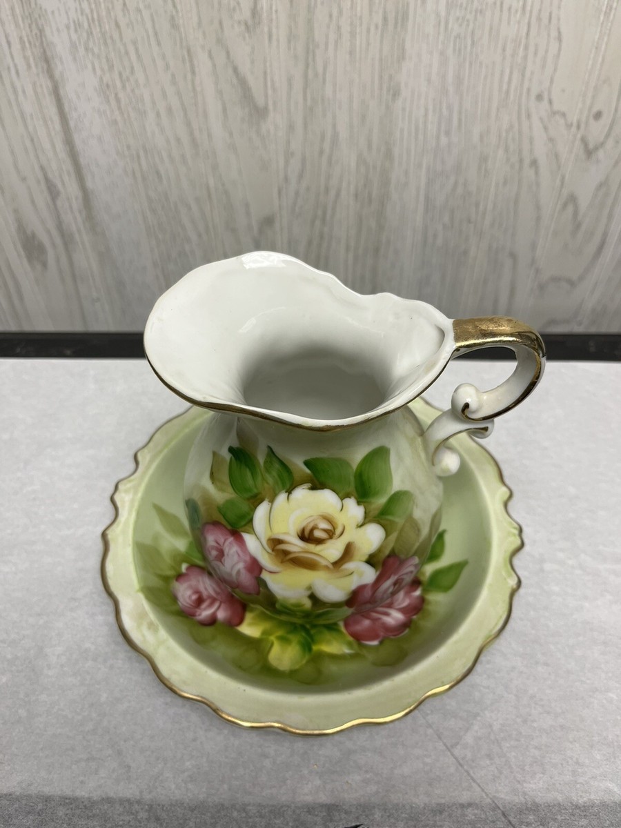 Vintage Norcrest Japan Ceramic Pitcher and Bowl Green Floral Vintage Norcrest Japan Ceramic Pitcher and Bowl Green Floral