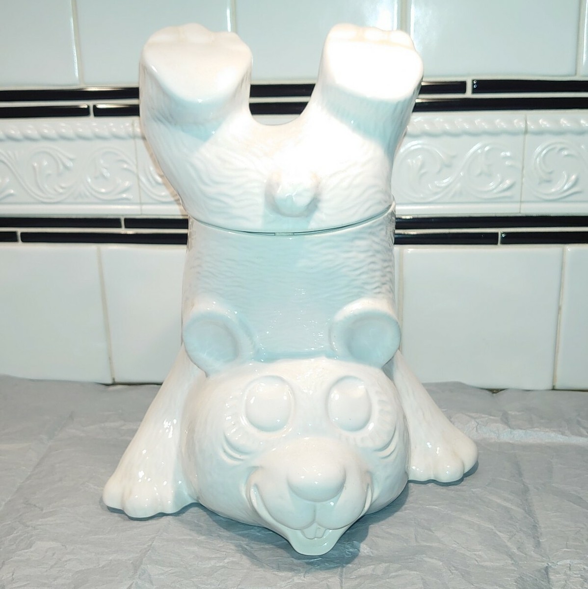 Vintage McCoy USA White Panda Bear Doing a Handstand Cookie Jar