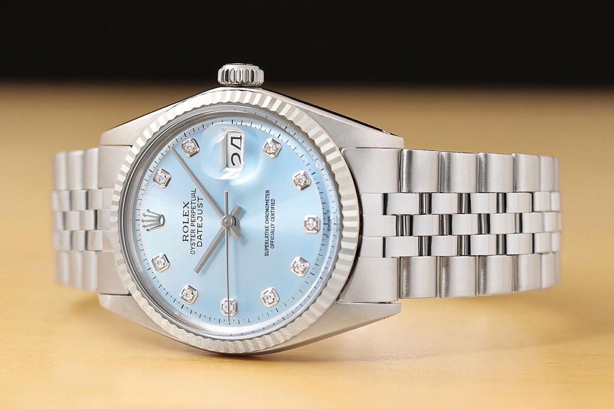 ROLEX MENS DATEJUST 1601 ICE BLUE DIAMOND 18K GOLD STEEL WATCH w