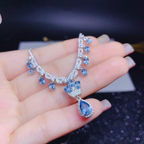New Luxury Girl Jewelry Gifts Blue Topaz Gemstone Silver Women Necklaces 18'' - Picture 3 of 6