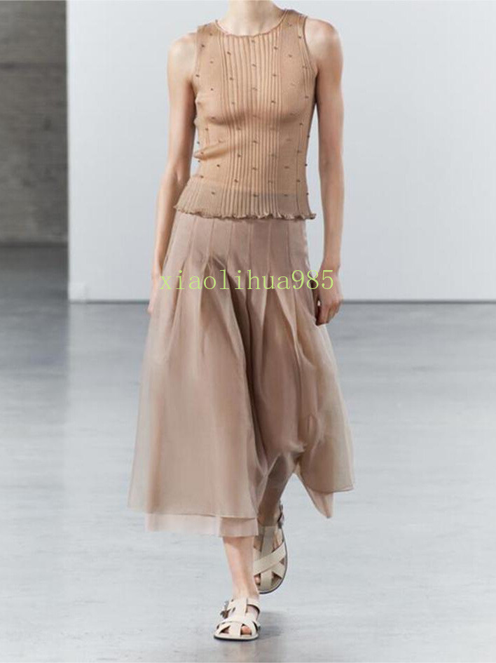 ZARA New High Waist Organza Midi Skirt Frayed Light PinkS、M