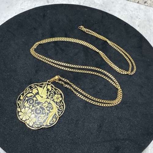 Collana VINTAGE Toledo damascato ciondolo uccellino floreale 74 cm catena retrò kitsch - Foto 3 di 8