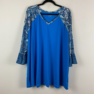 #ad Catherines Flounce Sleeve Top Size 3X Blue Paisley V Neck Stretch $19.95