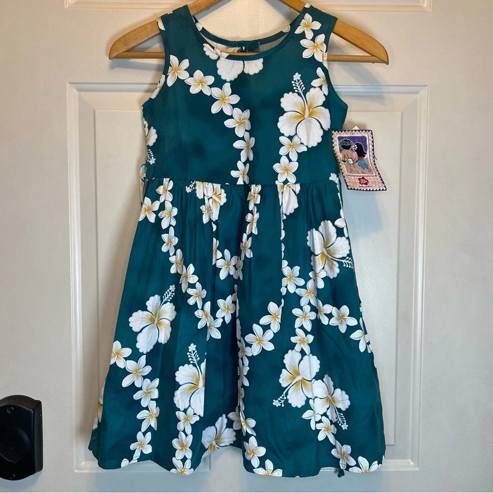 Vestido Hilo Hattie Niña Hawaiano Sin Mangas Hasta la Rodilla Talla 7 Verde Blanco Floral Foto 2 de 4