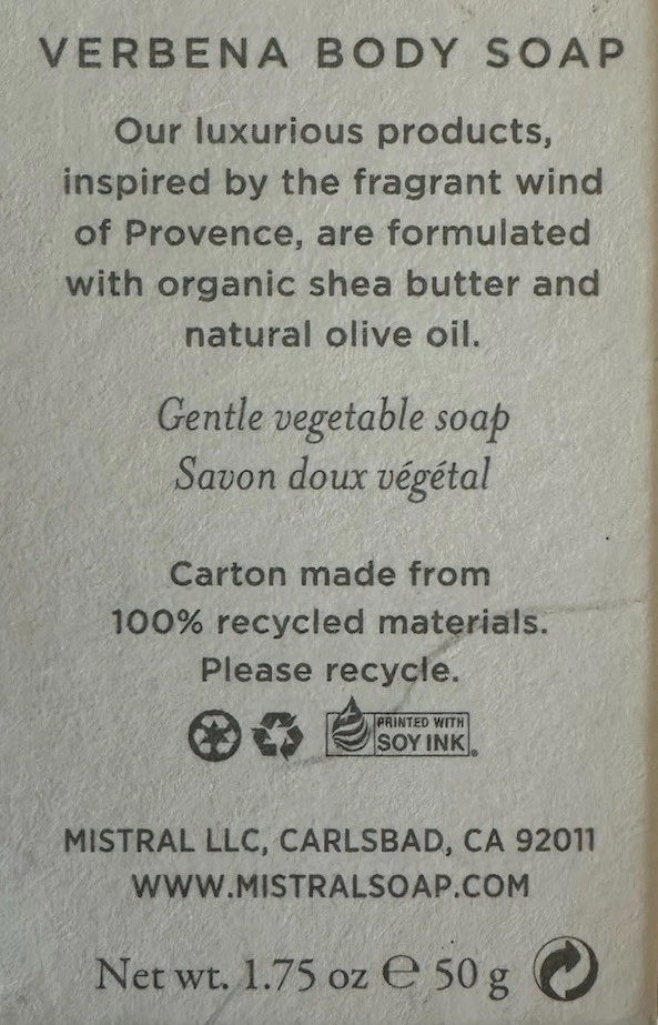 Jabón en barra suave Mistral jabón corporal verbena tamaño de viaje 1,59 OZ Francia NUEVO Foto 3 de 3