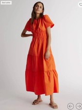 Quince 100% Organic Cotton Bright Orange Puff-Sleeve Tiered Maxi Dress Size S