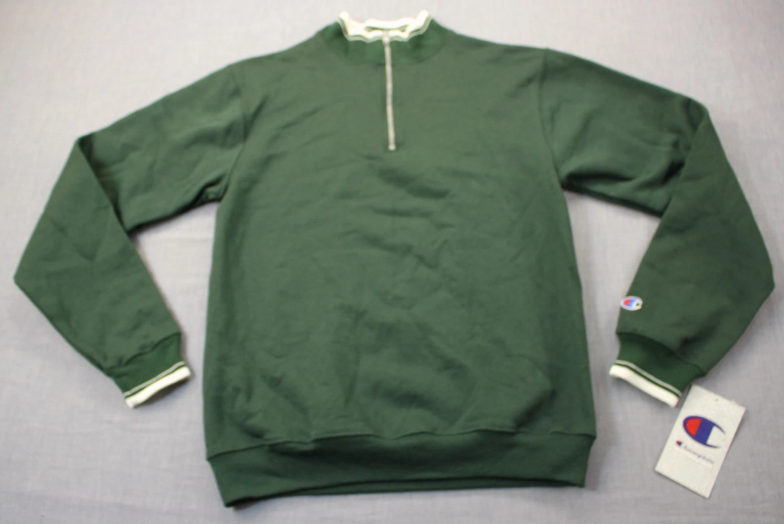 Champion Logo Mens Green w White Stripes 1/4 Zipper Pullover Jacket NWT S