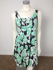 Nine West Sleeveless women Green Black Floral A-Line Dress Lined Pockets Size 4