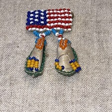 Vintage Native American Handmade Beaded Moccasins w American Flag Pin B