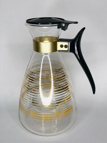 Vintage Pyrex Mid-Century Modern Glass 10 Cup Carafe with Gold Line Details