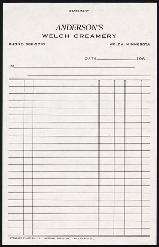Vintage receipt ANDERSONS WELCH CREAMERY 1960s Welch Minnesota unused n-mint+